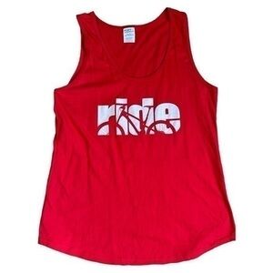 Ride, size large, red tank top, bicycle graphic logo, rounded bottom,comfortable